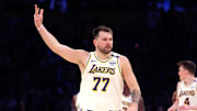 Mar 2, 2025; Los Angeles, California, USA; Los Angeles Lakers guard Luka Doncic (77) reacts to a play during the third quarter against the LA Clippers at Crypto.com Arena. Mandatory Credit: Jason Parkhurst-Imagn Images