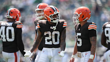 Aug 16, 2025; Philadelphia, Pennsylvania, USA; Cleveland Browns running back Pierre Strong Jr (20) reacts with quarterback Dillon Gabriel (5) after fumbling the ball against the Philadelphia Eagles in the first half at Lincoln Financial Field. Mandatory Credit: Kyle Ross-Imagn Images