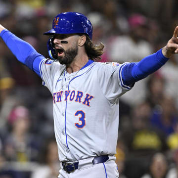 Aug 22, 2024; San Diego, California, USA; New York Mets designated hitter Jesse Winker (3) celebrates after scoring a run against the San Diego Padres during the ninth inning at Petco Park. Mandatory Credit: Orlando Ramirez-USA TODAY Sports