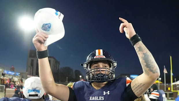 Nashville Christian's Jared Curtis (2) celebrates after the win over Columbia Academy in the TSSAA Bluecross Bowl