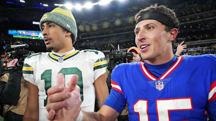Dec 11, 2023; East Rutherford, New Jersey, USA; Green Bay Packers quarterback Jordan Love (10) and New York Giants quarterback Tommy DeVito (15) greet each other after their game at MetLife Stadium. Mandatory Credit: Robert Deutsch-Imagn Images