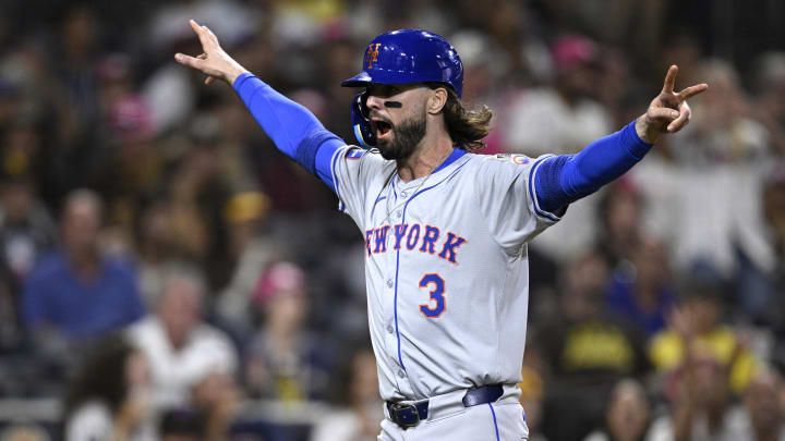 Aug 22, 2024; San Diego, California, USA; New York Mets designated hitter Jesse Winker (3) celebrates after scoring a run against the San Diego Padres during the ninth inning at Petco Park. Mandatory Credit: Orlando Ramirez-USA TODAY Sports