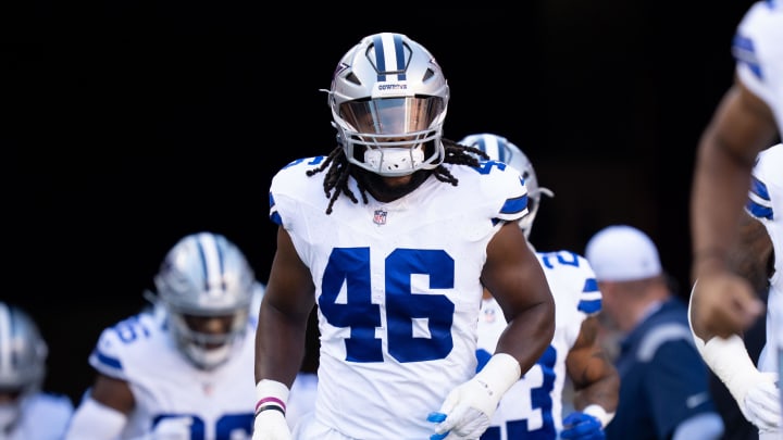 October 8, 2023; Santa Clara, California, USA; Dallas Cowboys linebacker Malik Jefferson (46) before the game against the San Francisco 49ers at Levi's Stadium. Mandatory Credit: Kyle Terada-USA TODAY Sports