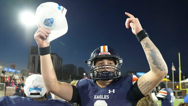 Nashville Christian's Jared Curtis (2) celebrates after the win over Columbia Academy in the TSSAA Bluecross Bowl on Thursday, Dec. 5, 2024, in Chattanooga, Tenn.