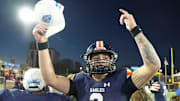Nashville Christian's Jared Curtis (2) celebrates after the win over Columbia Academy in the TSSAA Bluecross Bowl on Thursday, Dec. 5, 2024, in Chattanooga, Tenn.