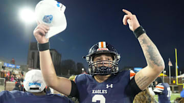 Nashville Christian's Jared Curtis (2) celebrates after the win over Columbia Academy in the TSSAA Bluecross Bowl on Thursday, Dec. 5, 2024, in Chattanooga, Tenn.