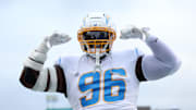 Jul 31, 2025; Canton, Ohio, USA; Los Angeles Chargers defensive tackle Naquan Jones (96) reacts in during the warm ups before the game against the Detroit Lions at Tom Benson Hall of Fame Stadium. Mandatory Credit: Scott Galvin-Imagn Images