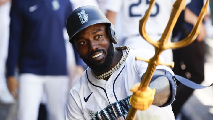 Seattle Mariners left fielder Randy Arozarena reacts after hitting a home run against the Tampa Bay Rays on Wednesday at T-Mobile Park.