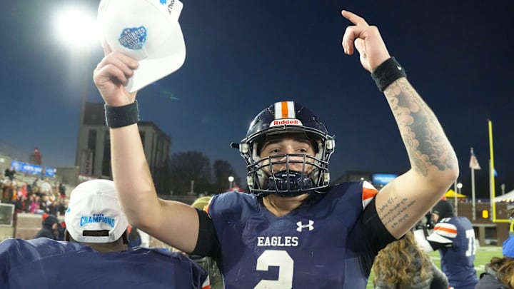 Nashville Christian's Jared Curtis (2) celebrates after the win over Columbia Academy in the TSSAA BlueCross Bowl on Thursday, Dec. 5, 2024, in Chattanooga, Tenn.