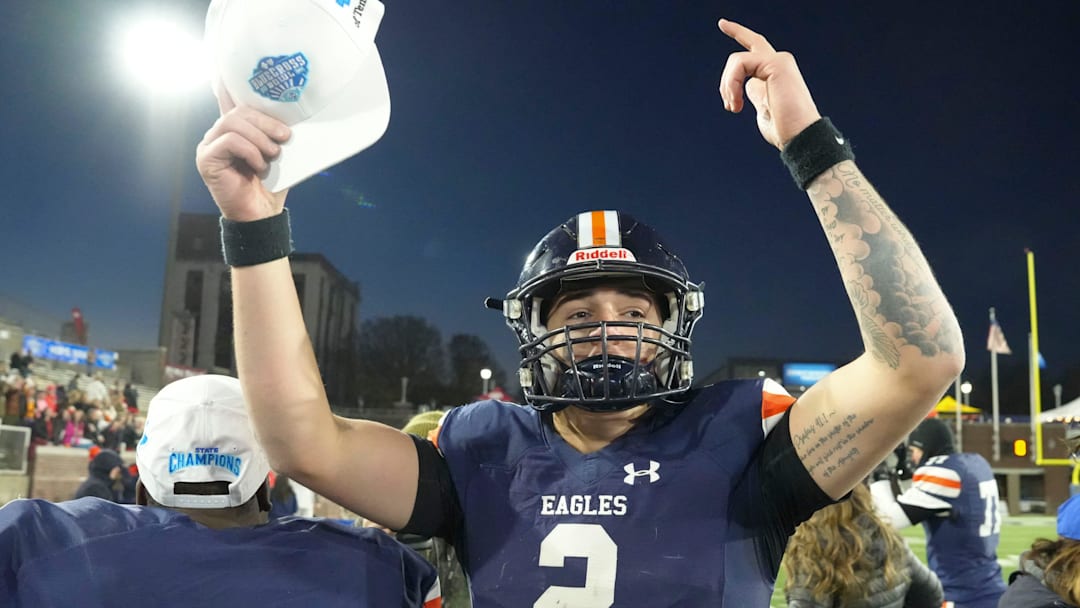Nashville Christian's Jared Curtis (2) celebrates after the win over Columbia Academy in the TSSAA Bluecross Bowl on Thursday, Dec. 5, 2024, in Chattanooga, Tenn.