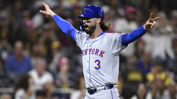 Aug 22, 2024; San Diego, California, USA; New York Mets designated hitter Jesse Winker (3) celebrates after scoring a run against the San Diego Padres during the ninth inning at Petco Park. Mandatory Credit: Orlando Ramirez-USA TODAY Sports