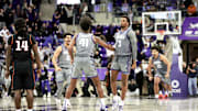 Feb 12, 2025; Fort Worth, Texas, USA; TCU Horned Frogs guard Vasean Allette (3) celebrates with teammates after hitting the game-winning shot during the second half against the Oklahoma State Cowboys at Ed and Rae Schollmaier Arena. Mandatory Credit: Kevin Jairaj-Imagn Images