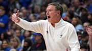 Dec 31, 2024; Lawrence, Kansas, USA; Kansas Jayhawks head coach Bill Self reacts during the second half against the West Virginia Mountaineers at Allen Fieldhouse. Mandatory Credit: Jay Biggerstaff-Imagn Images