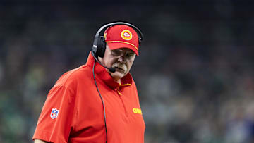 Feb 9, 2025; New Orleans, LA, USA;  Kansas City Chiefs head coach Andy Reid against the Philadelphia Eagles in Super Bowl LIX at Ceasars Superdome. Mandatory Credit: Mark J. Rebilas-Imagn Images