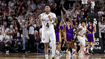 Jan 18, 2025; College Station, Texas, USA; Texas A&M Aggies guard Wade Taylor IV (4) reacts during the second half against the LSU Tigers at Reed Arena. The Aggies defeated the Tigers 68-57. Mandatory Credit: Maria Lysaker-Imagn Images 