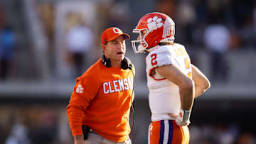 Dec 21, 2024; Austin, Texas, USA; Clemson Tigers head coach Dabo Swinney with quarterback Cade Klubnik (2) against the Texas Longhorns during the first half of the CFP National playoff first round at Darrell K Royal-Texas Memorial Stadium. Mandatory Credit: Mark J. Rebilas-Imagn Images