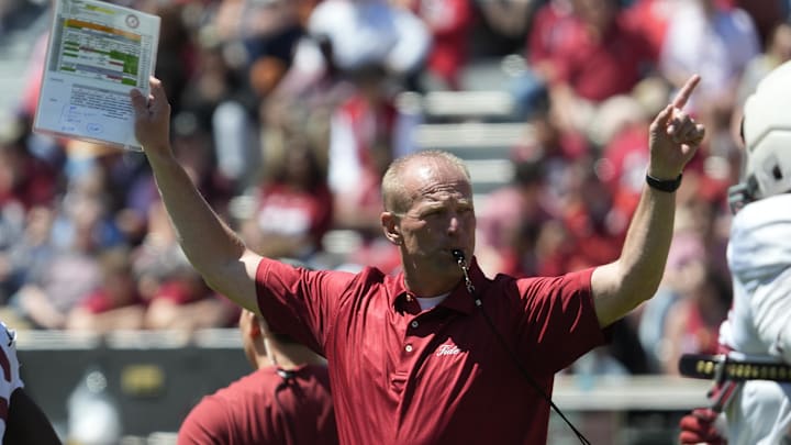 Apr 12, 2025; Tuscaloosa, AL, USA; Alabama head coach Kalen DeBoer signals to his team during A-Day drills at Bryant-Denny Stadium. Mandatory Credit: Gary Cosby/USA TODAY NETWORK via Imagn Images