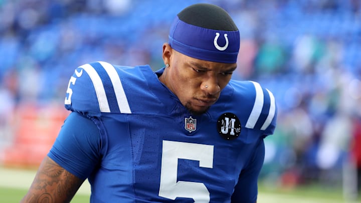 Sep 7, 2025; Indianapolis, Indiana, USA; Indianapolis Colts quarterback Anthony Richardson Sr. (5) warms up before a game against the Miami Dolphins at Lucas Oil Stadium. Mandatory Credit: Trevor Ruszkowski-Imagn Images