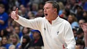 Dec 31, 2024; Lawrence, Kansas, USA; Kansas Jayhawks head coach Bill Self reacts during the second half against the West Virginia Mountaineers at Allen Fieldhouse. Mandatory Credit: Jay Biggerstaff-Imagn Images