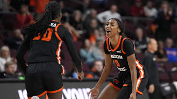 March 11, 2025; Las Vegas, NV, USA; Oregon State Beavers guard Tiara Bolden (0) celebrates against the Portland Pilots during the first half in the final of the West Coast Conference tournament at Orleans Arena. Mandatory Credit: Kyle Terada-Imagn Images