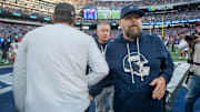 New York Giants head coach Brian Daboll shakes hands with San Francisco 49ers head coach Kyle Shanahan after a week 9 game between New York Giants and San Francisco 49ers at MetLife Stadium on Sunday, Nov. 2, 2025.