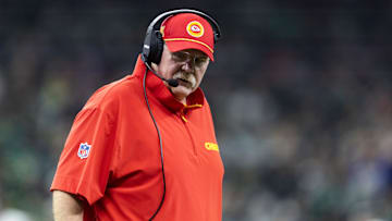 Feb 9, 2025; New Orleans, LA, USA;  Kansas City Chiefs head coach Andy Reid against the Philadelphia Eagles in Super Bowl LIX at Ceasars Superdome. Mandatory Credit: Mark J. Rebilas-Imagn Images