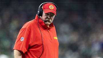 Feb 9, 2025; New Orleans, LA, USA;  Kansas City Chiefs head coach Andy Reid against the Philadelphia Eagles in Super Bowl LIX at Ceasars Superdome. Mandatory Credit: Mark J. Rebilas-Imagn Images