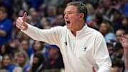 Dec 31, 2024; Lawrence, Kansas, USA; Kansas Jayhawks head coach Bill Self reacts during the second half against the West Virginia Mountaineers at Allen Fieldhouse. Mandatory Credit: Jay Biggerstaff-Imagn Images