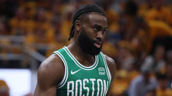 May 25, 2024; Indianapolis, Indiana, USA; Boston Celtics guard Jaylen Brown (7) reacts during the second quarter of game three of the eastern conference finals against the Indiana Pacers  in the 2024 NBA playoffs at Gainbridge Fieldhouse. 