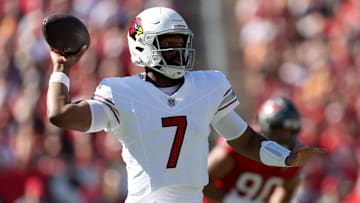 Nov 30, 2025; Tampa, Florida, USA; Arizona Cardinals quarterback Jacoby Brissett (7) throws during the first half against the Tampa Bay Buccaneers at Raymond James Stadium. Mandatory Credit: Nathan Ray Seebeck-Imagn Images