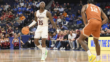 Texas A&M Aggies guard Manny Obaseki (35) calls out the play against the Texas Longhorns during the first half at Bridgestone Arena.