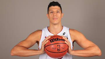 Sep 29, 2025; Miami, FL, USA; Miami Heat forward Simone Fontecchio (0) poses for a photo during media day at Kaseya Center. Mandatory Credit: Sam Navarro-Imagn Images