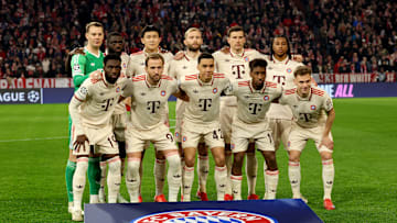 Bayern Munich players posing for team photo in the first leg of round of 16 clash against Bayer Leverkusen.