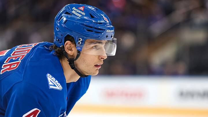 Apr 5, 2026; New York, New York, USA; New York Rangers defenseman Braden Schneider (4) skates against the Washington Capitals during the first period at Madison Square Garden. Mandatory Credit: Danny Wild-Imagn Images