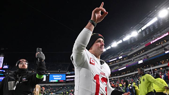 Jan 11, 2026; Philadelphia, PA, USA; San Francisco 49ers quarterback Brock Purdy (13) walks off the field after win over the Philadelphia Eagles in an NFC Wild Card Round game at Lincoln Financial Field. Mandatory Credit: Eric Hartline-Imagn Images