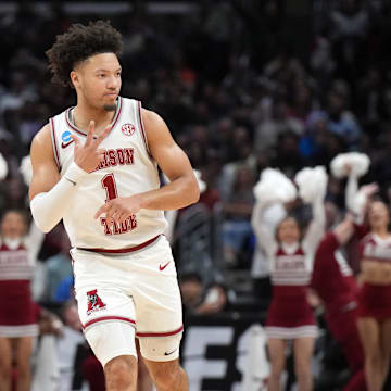 Mar 30, 2024; Los Angeles, CA, USA;  Alabama Crimson Tide guard Mark Sears (1) reacts in the second half against the Clemson Tigers in the finals of the West Regional of the 2024 NCAA Tournament at Crypto.com Arena. Mandatory Credit: Kirby Lee-Imagn Images