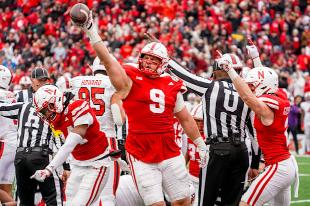  Nebraska Cornhuskers defensive lineman Ty Robinson celebrates after recovering a fumble