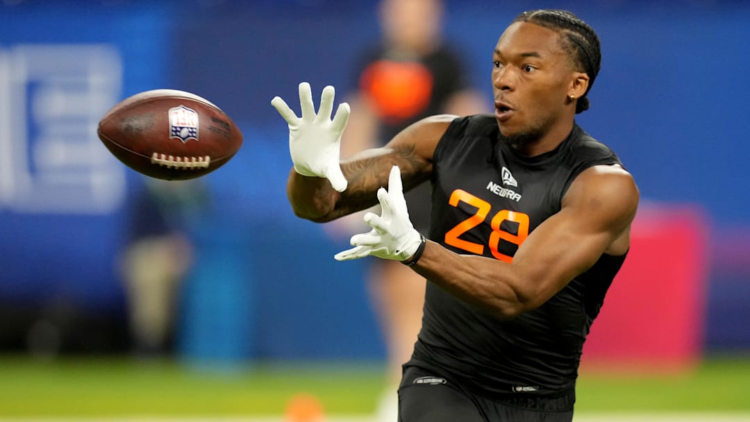 Mar 1, 2025; Indianapolis, IN, USA; Virginia Tech wideout Jaylin Lane (WO28) during the 2025 NFL Combine at Lucas Oil Stadium. Mandatory Credit: Kirby Lee-Imagn Images