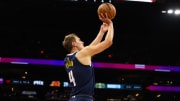 Oct 10, 2023; Phoenix, Arizona, USA; Denver Nuggets forward Hunter Tyson (4) against the Phoenix Suns during a preseason game at Footprint Center. 