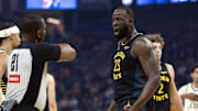 Nov 9, 2025; San Francisco, California, USA; Golden State Warriors forward Draymond Green (23) argues a foul call with referee Dedric Taylor (21) during the first quarter against the Indiana Pacers at Chase Center. Mandatory Credit: D. Ross Cameron-Imagn Images