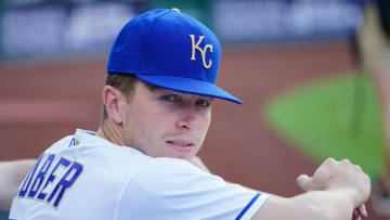 Jun 4, 2021; Kansas City, Missouri, USA; Kansas City Royals relief pitcher Tyler Zuber (53) talks with team mates in the dugout before the game against the Minnesota Twins at Kauffman Stadium. Mandatory Credit: Denny Medley-USA TODAY Sports