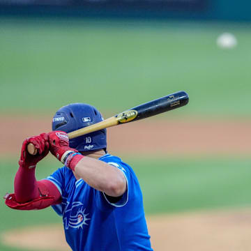 Oklahoma City outfielder Ryan Ward (10) hits a triple off of Sugar Land pitcher Nick Robertson (40) during a minor league baseball game between the Oklahoma City Comets and the Sugar Land Space Cowboys at Chickasaw Bricktown Ballpark in Oklahoma City, on July 10.