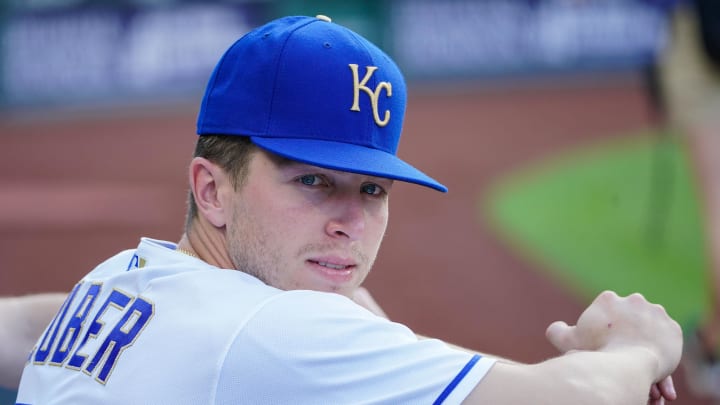 Jun 4, 2021; Kansas City, Missouri, USA; Kansas City Royals relief pitcher Tyler Zuber (53) talks with team mates in the dugout before the game against the Minnesota Twins at Kauffman Stadium. Mandatory Credit: Denny Medley-USA TODAY Sports