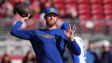 Jan 7, 2024; Santa Clara, California, USA; Los Angeles Rams quarterback Carson Wentz (11) warms up before the game against the San Francisco 49ers at Levi's Stadium. Mandatory Credit: Darren Yamashita-USA TODAY Sports