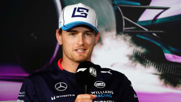 May 2, 2024; Miami Gardens, Florida, USA;  Williams driver Logan Sargeant (2) addresses the media in advance of the Miami Grand Prix at the Miami International Autodrome. Mandatory Credit: John David Mercer-USA TODAY Sports