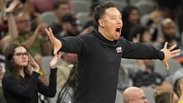 Nov 20, 2025; San Antonio, Texas, USA; Head Coach Mitch Johnson reacts during the second half against the Atlanta Hawks at Frost Bank Center. Mandatory Credit: Scott Wachter-Imagn Images