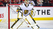 Apr 15, 2025; Calgary, Alberta, CAN; Vegas Golden Knights goaltender Ilya Samsonov (35) guards his net against the Calgary Flames during the second period at Scotiabank Saddledome. Mandatory Credit: Sergei Belski-Imagn Images