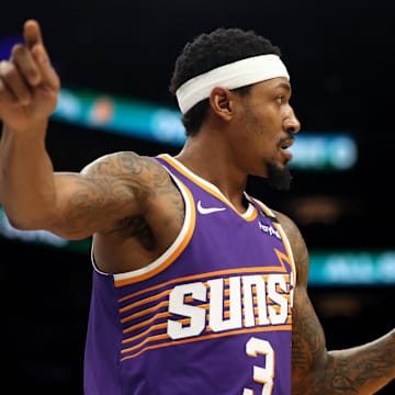 Jan 29, 2025; Phoenix, Arizona, USA; Phoenix Suns guard Bradley Beal (3) against the Minnesota Timberwolves at Footprint Center. Mandatory Credit: Mark J. Rebilas-Imagn Images