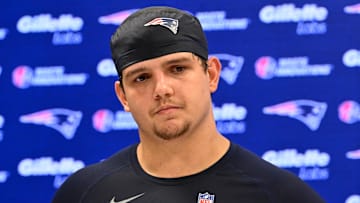 May 9, 2025; Foxborough, MA, USA; New England Patriots offensive tackle Will Campbell (66) speaks to the media after rookie camp at Gillette Stadium. Mandatory Credit: Eric Canha-Imagn Images