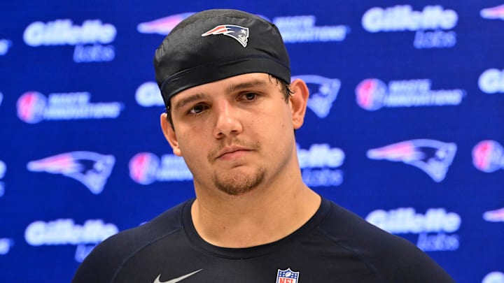 May 9, 2025; Foxborough, MA, USA; New England Patriots offensive tackle Will Campbell (66) speaks to the media after rookie camp at Gillette Stadium. Mandatory Credit: Eric Canha-Imagn Images